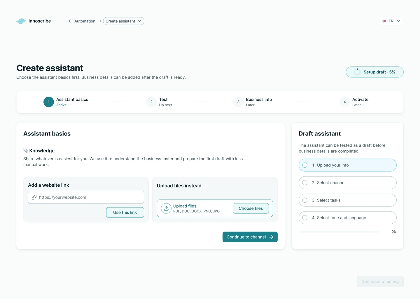 Innoscribe assistant setup interface